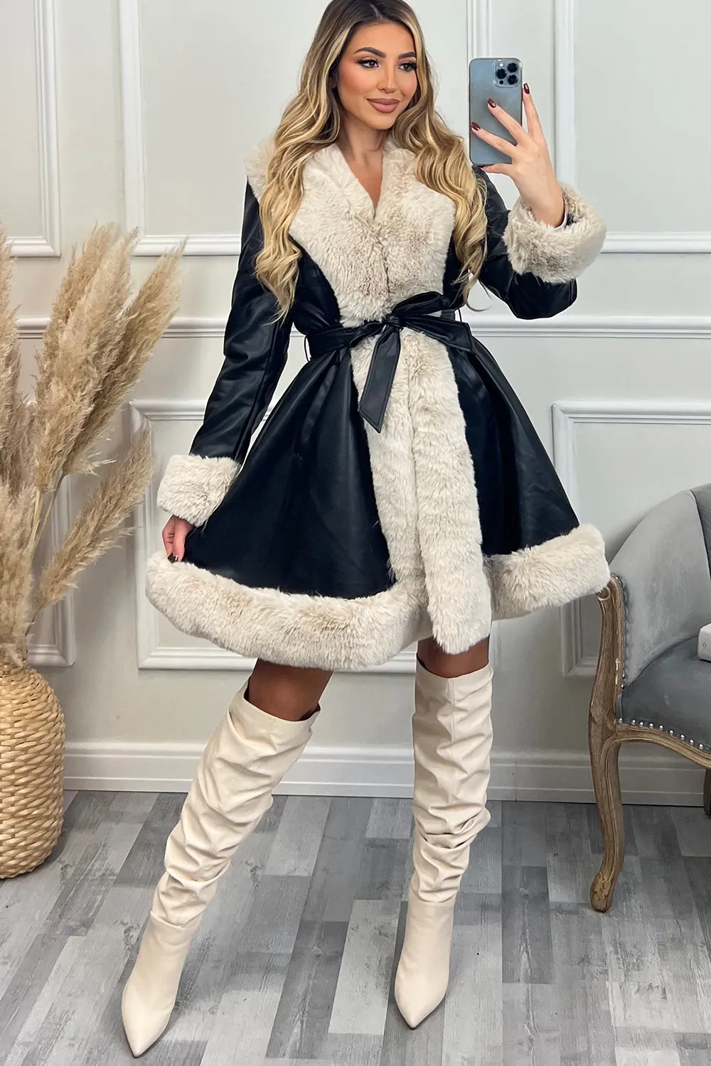 Fran Black and Cream PU Faux Leather Faux Fur Trim Longline Belted Coat