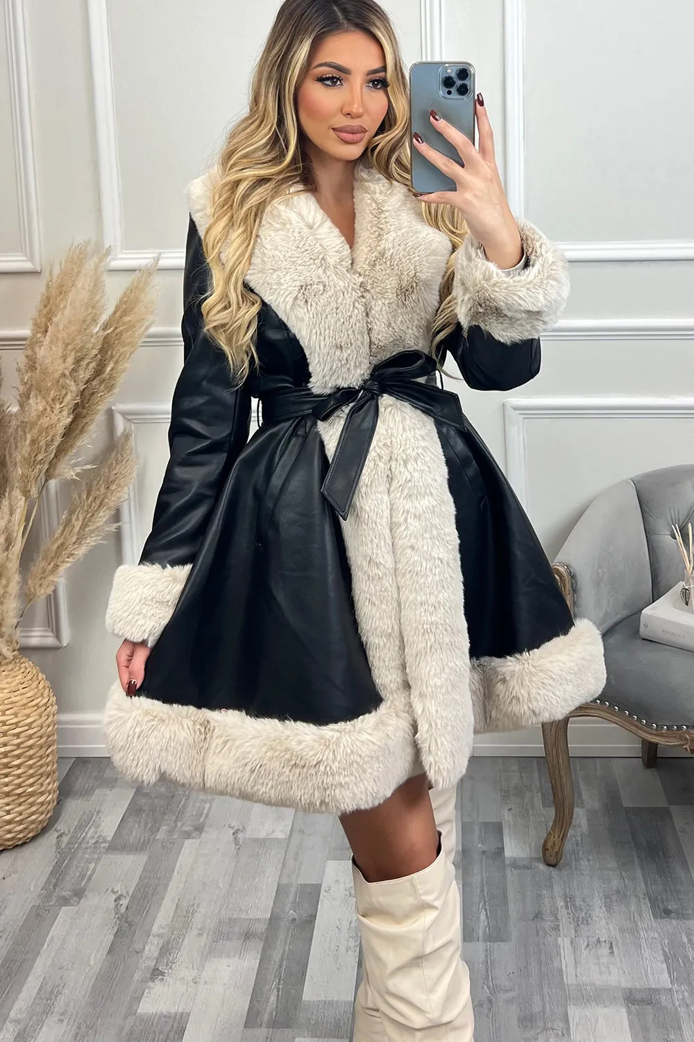 Fran Black and Cream PU Faux Leather Faux Fur Trim Longline Belted Coat