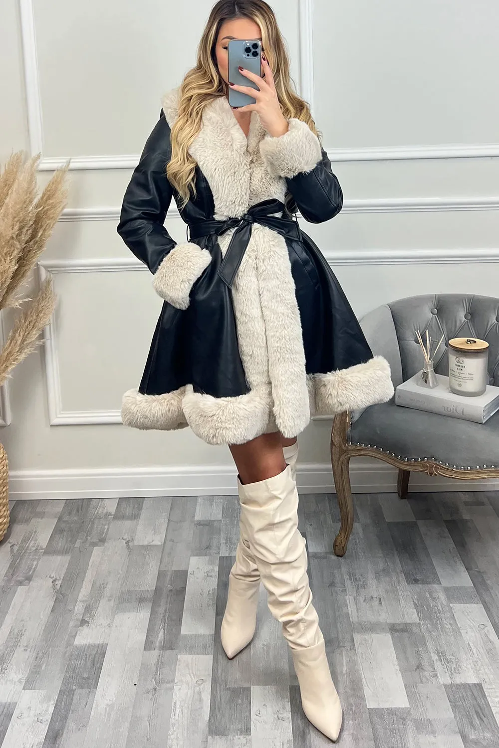 Fran Black and Cream PU Faux Leather Faux Fur Trim Longline Belted Coat