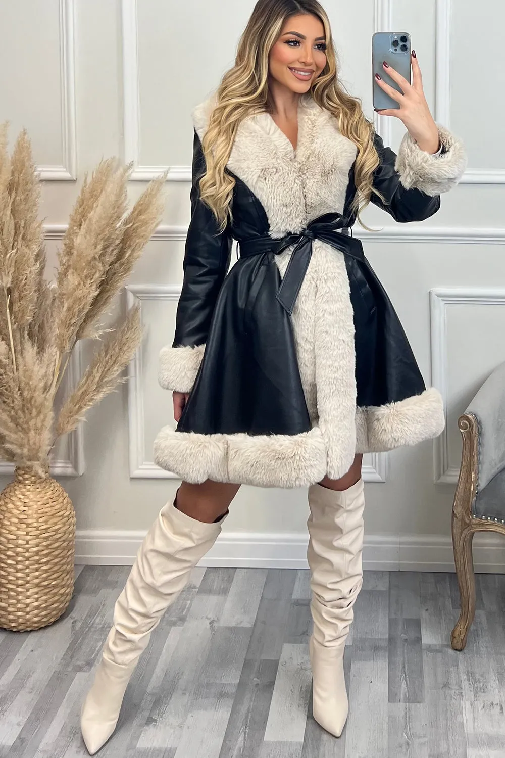 Fran Black and Cream PU Faux Leather Faux Fur Trim Longline Belted Coat