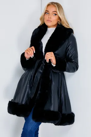 Fran Black PU Faux Leather Faux Fur Trim Longline Belted Coat