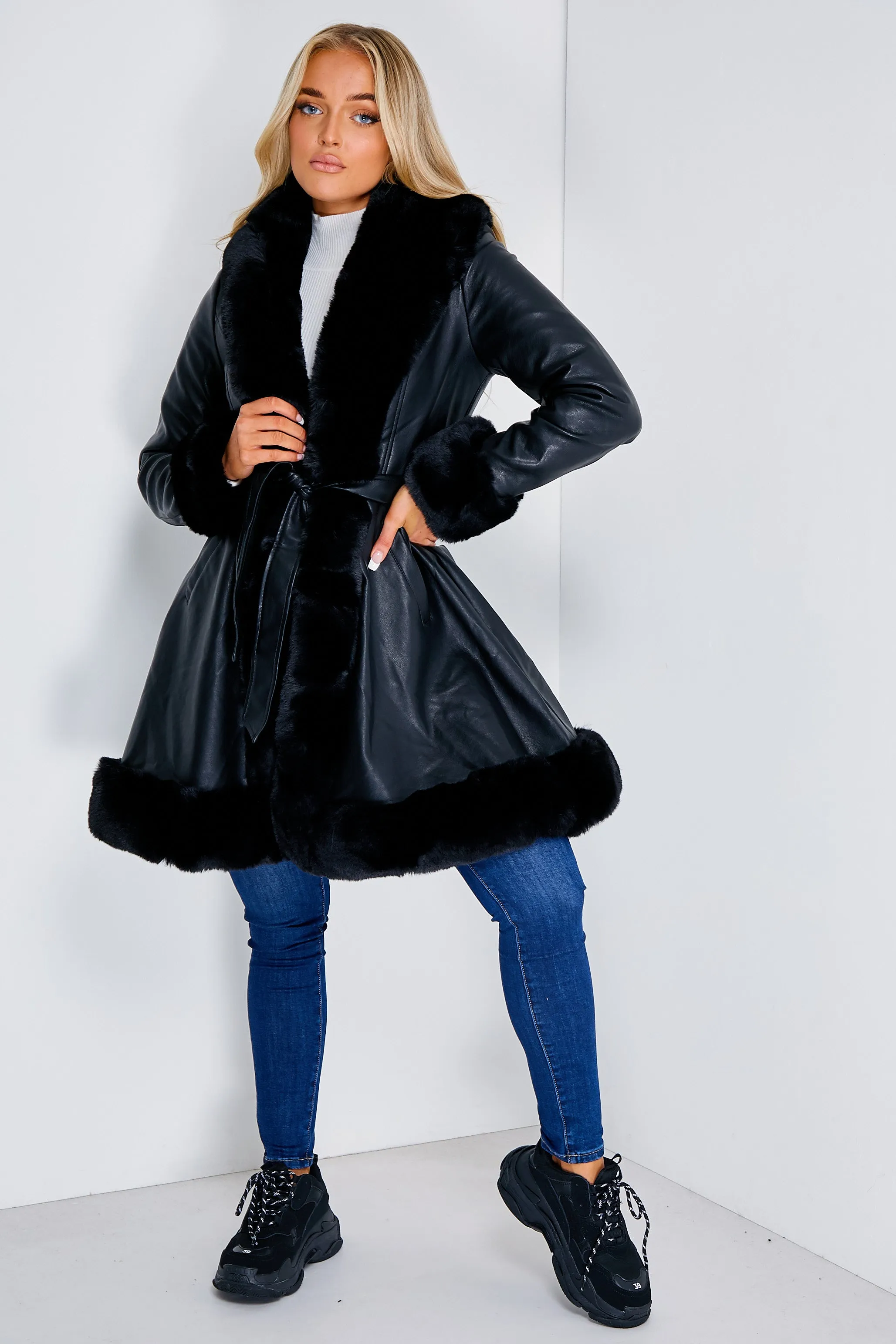 Fran Black PU Faux Leather Faux Fur Trim Longline Belted Coat