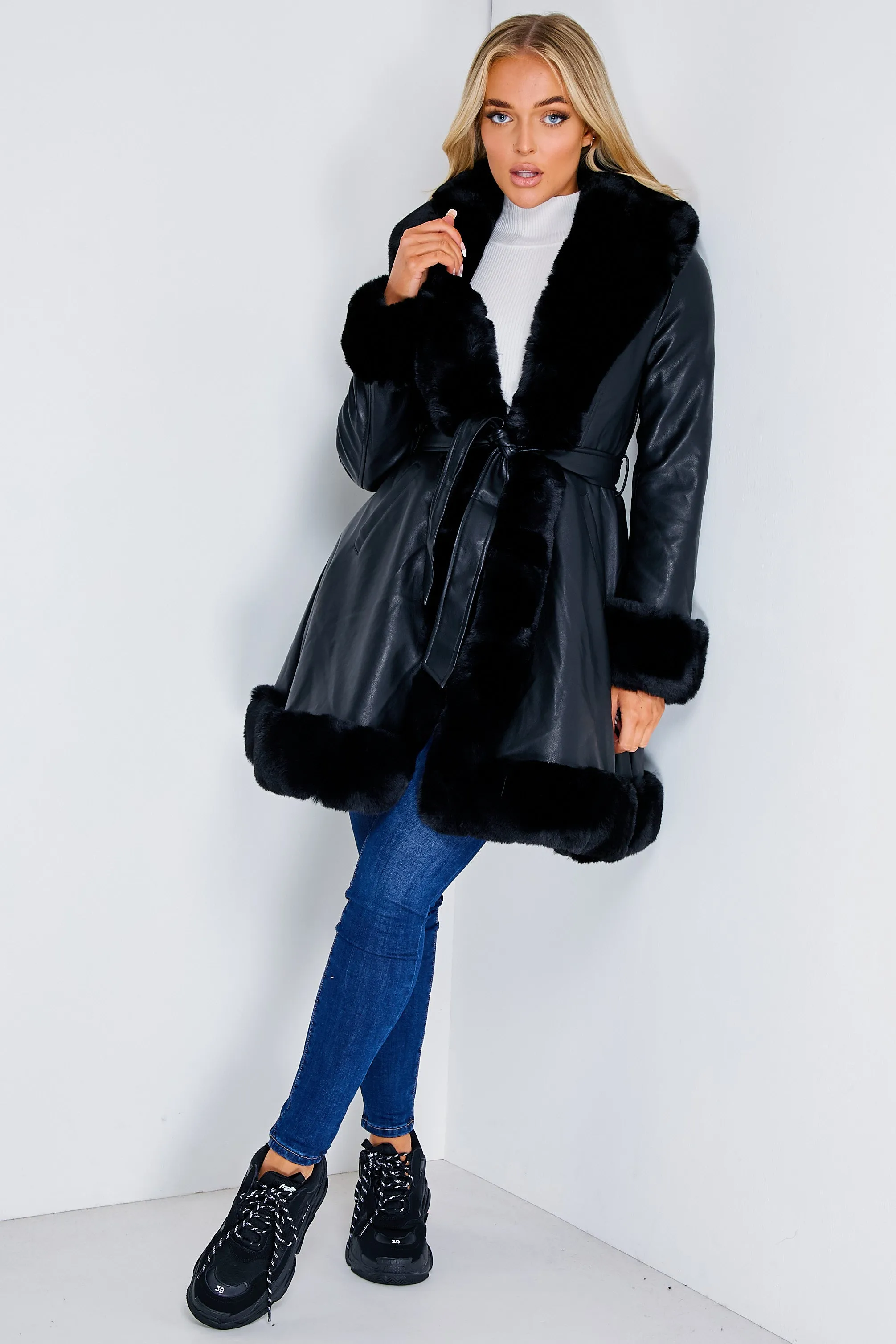Fran Black PU Faux Leather Faux Fur Trim Longline Belted Coat