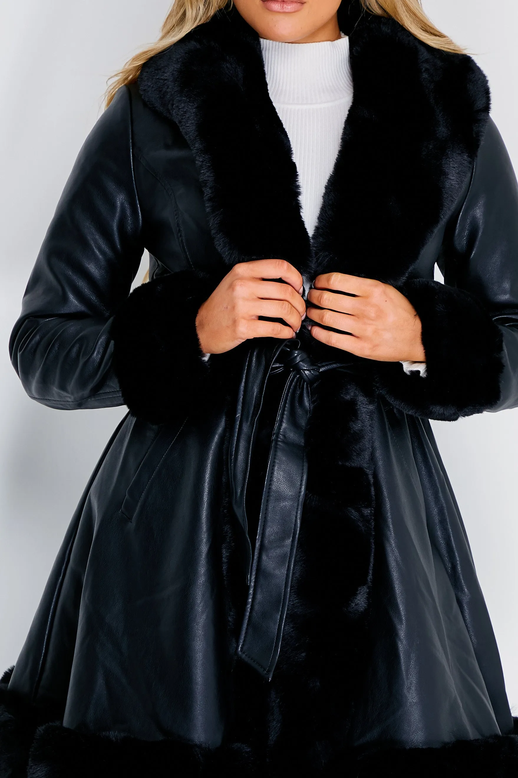 Fran Black PU Faux Leather Faux Fur Trim Longline Belted Coat