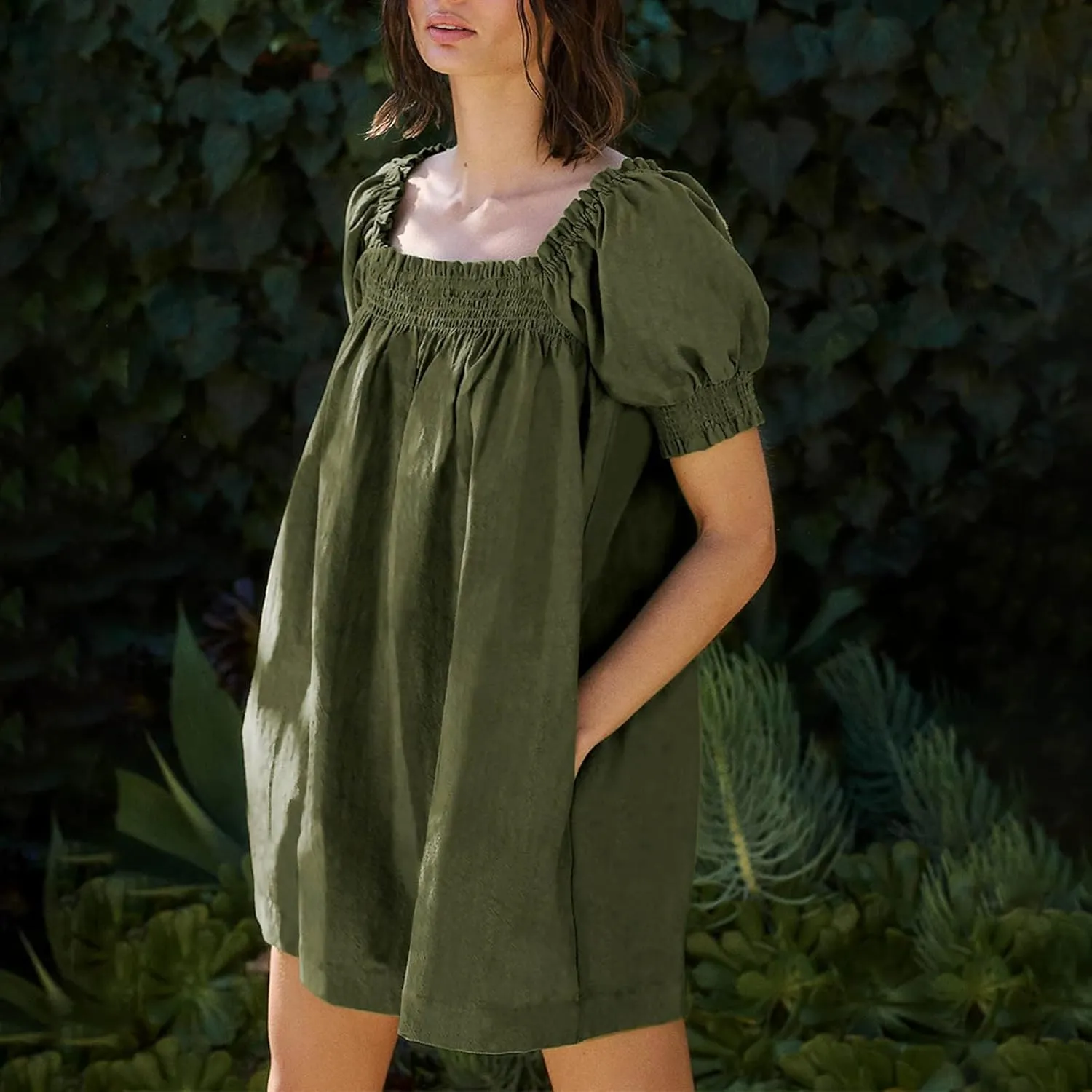 Generic Linen Dresses for Women 2024 Summer Mini Dress Short Sleeve A-Line Sundress Casual Loose Beach Dress with Pockets