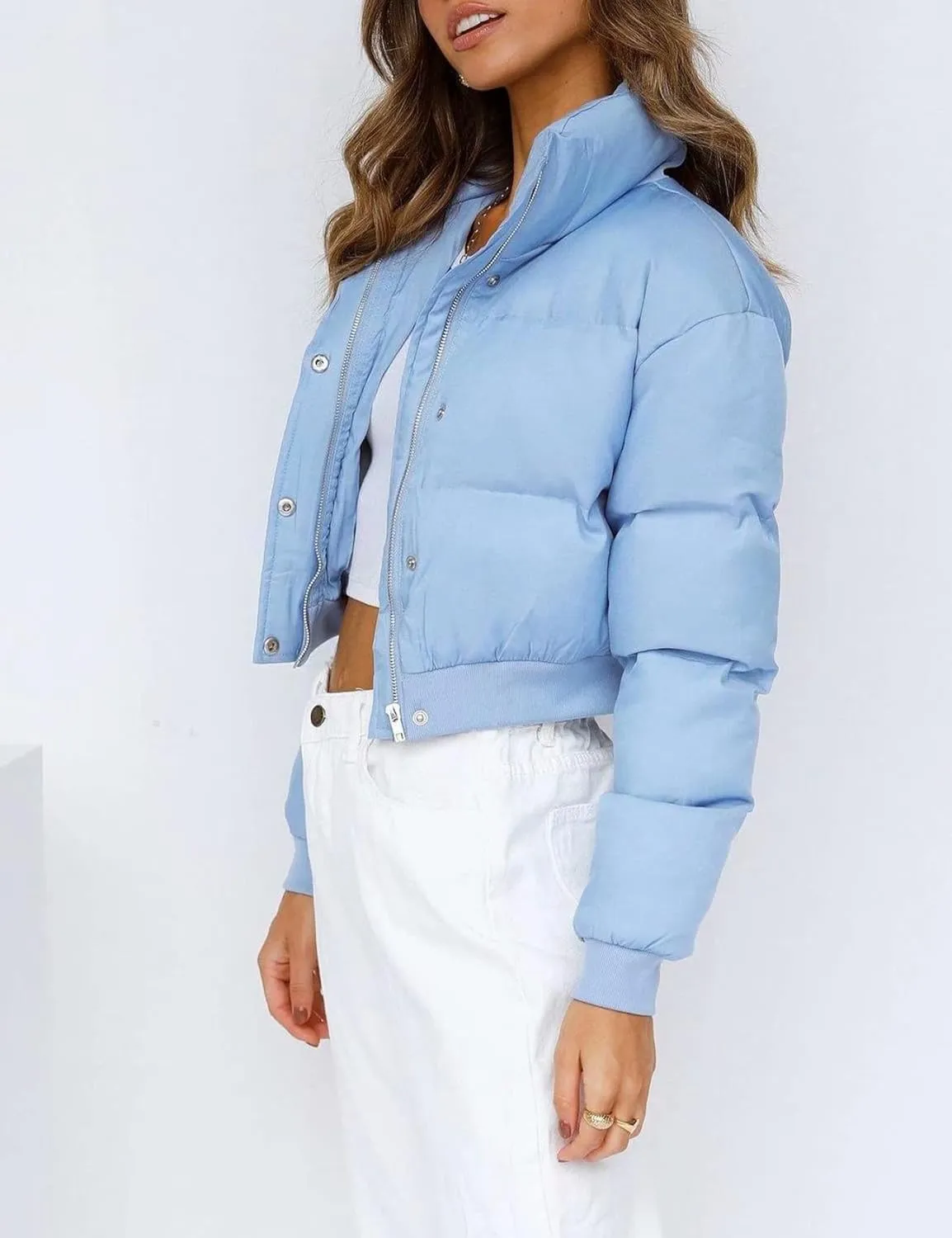 Gihuo Women' s Cropped Puffer Jacket Padded Long Sleeve Bubble Coats Winter Warm Puffy Outerwear