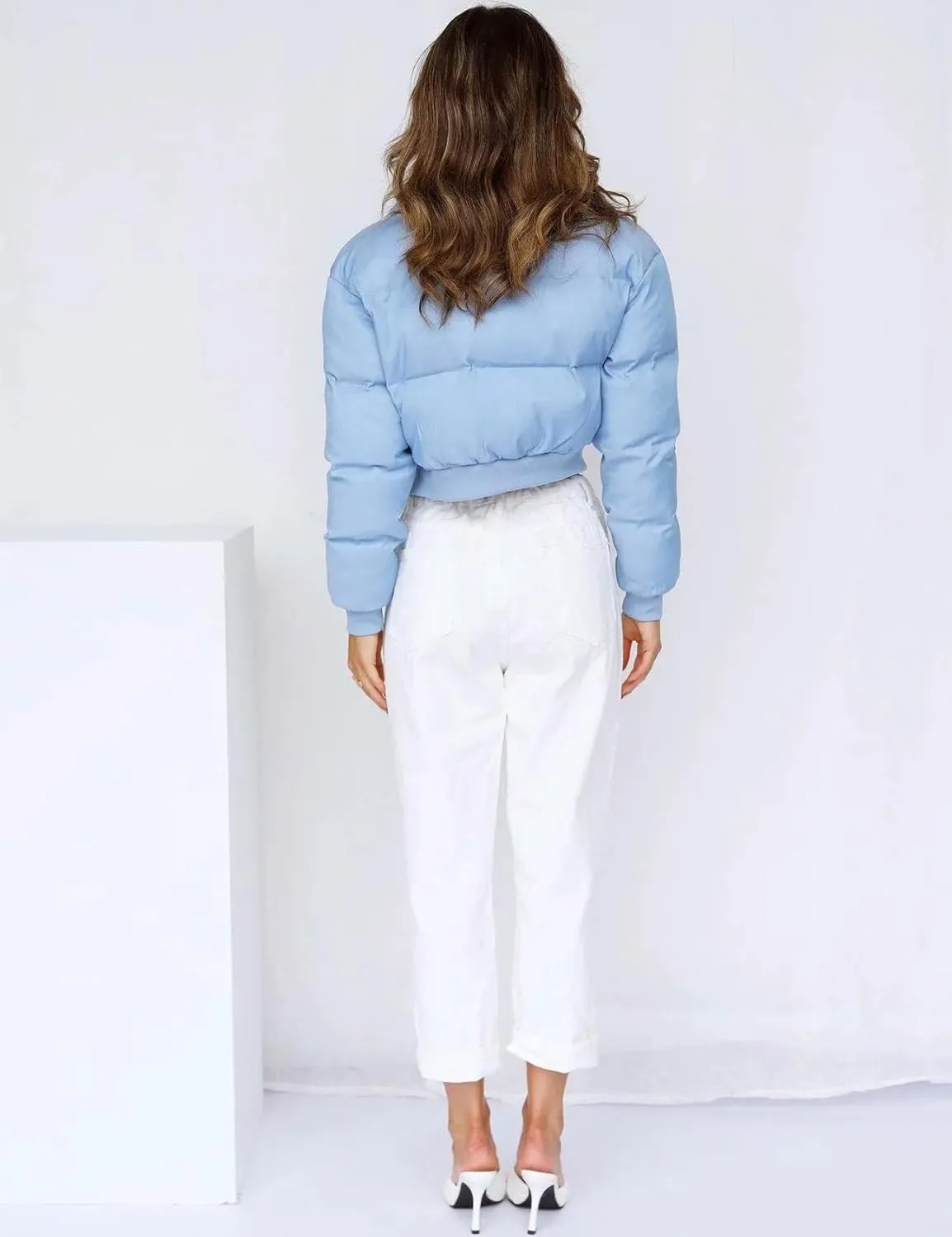 Gihuo Women' s Cropped Puffer Jacket Padded Long Sleeve Bubble Coats Winter Warm Puffy Outerwear