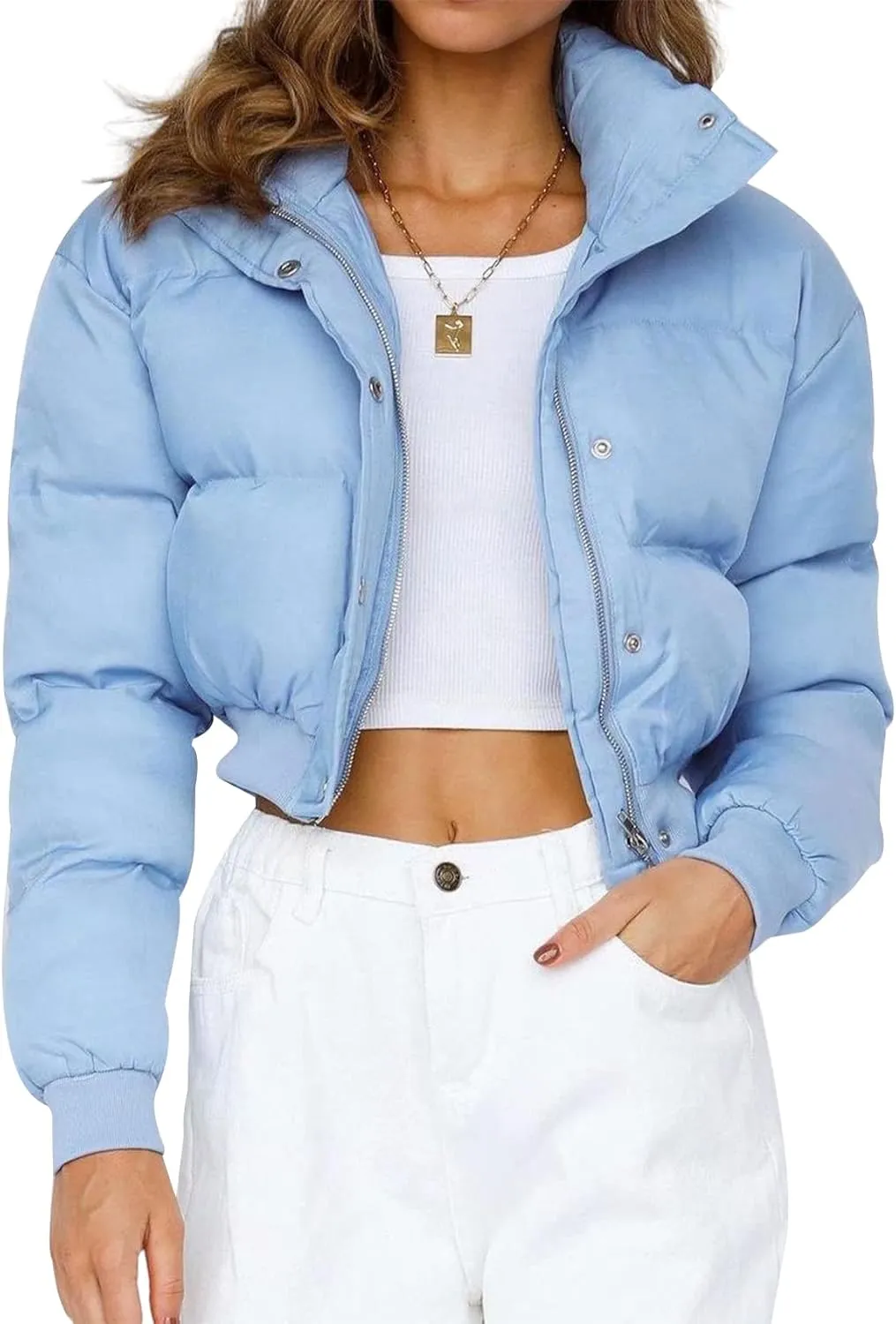 Gihuo Women' s Cropped Puffer Jacket Padded Long Sleeve Bubble Coats Winter Warm Puffy Outerwear