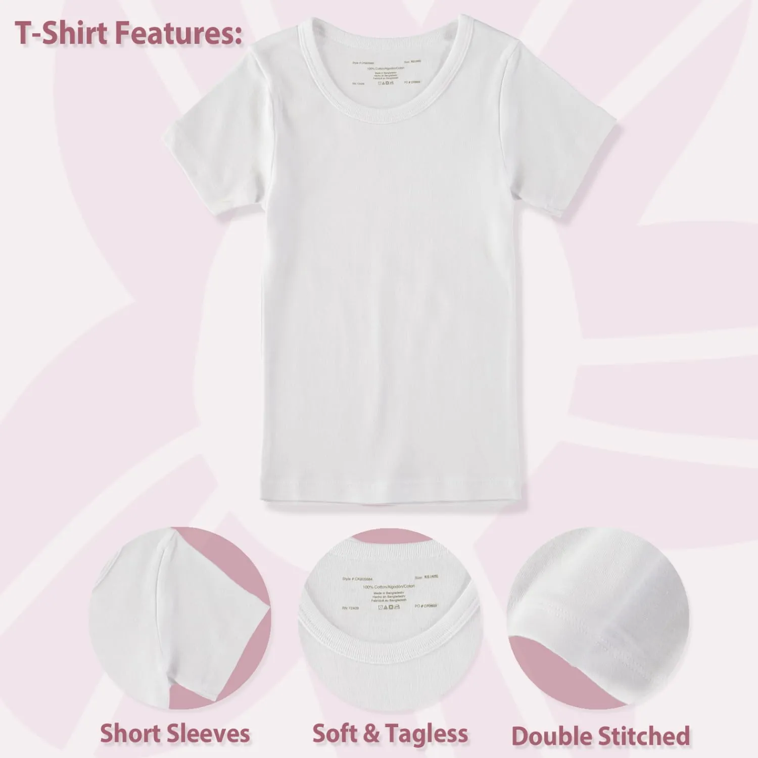 Girls Cotton Undershirt Short Sleeve T-Shirt, Multi Pack (Size 2T-14)