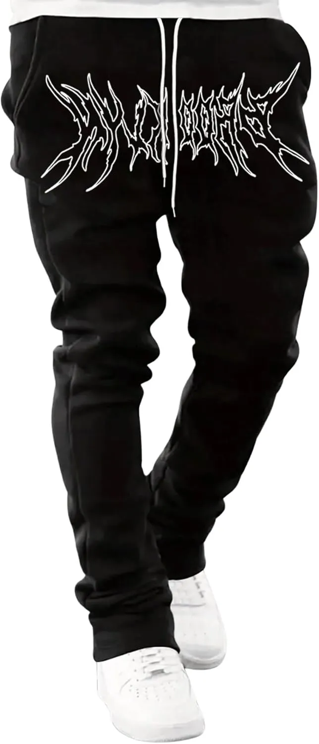 GORGLITTER Men's Graphic Baggy Sweatpants Wide Leg Y2K Drawstring Stacked Jogger Pants with Pockets