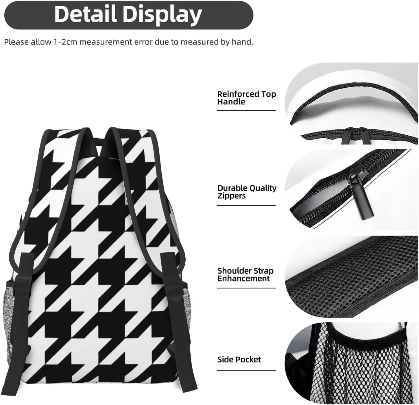 Houndstooth Black Laptop Backpacks With Smooth Zippers,Ergonomic Shoulder Straps,16.5 Travel Backpack For Adult