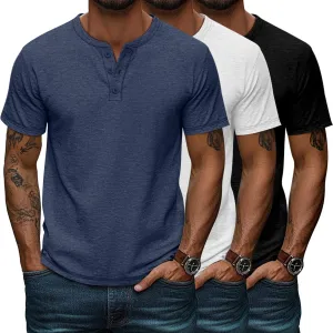 Huukeay 3 Pack Men's Big & Tall Henley Short Sleeve Shirts, Cotton Crew Neck Casual Button T-Shirts Summer Basic Tees Tops