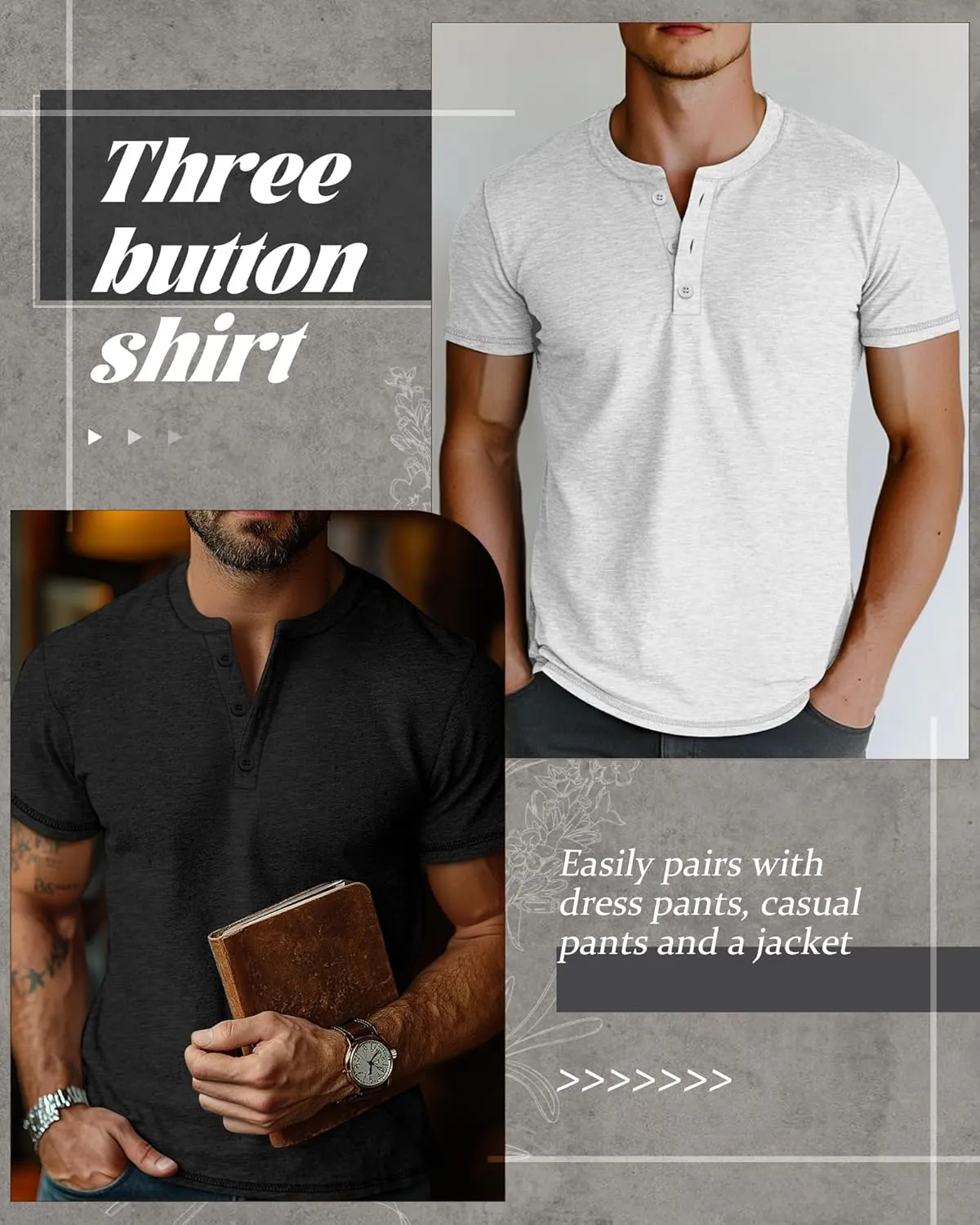 Huukeay 3 Pack Men's Big & Tall Henley Short Sleeve Shirts, Cotton Crew Neck Casual Button T-Shirts Summer Basic Tees Tops