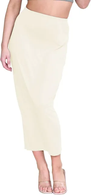 Janisramone Womens Bodycon Tube Maxi Skirts, Plain Elasticated Waist Midaxi Jersey Skirts, Soft Summer Midi Pencil Skirt Cream