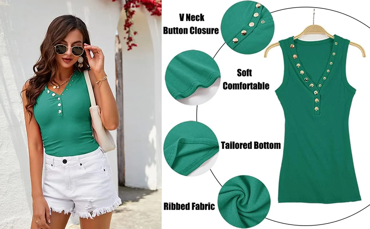 Jauoop Women's V Neck Tank Tops Summer Ribbed Sleeveless Henley Shirts Sexy Low Cut Button Down Cami Knit Tees