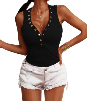 Jauoop Women's V Neck Tank Tops Summer Ribbed Sleeveless Henley Shirts Sexy Low Cut Button Down Cami Knit Tees
