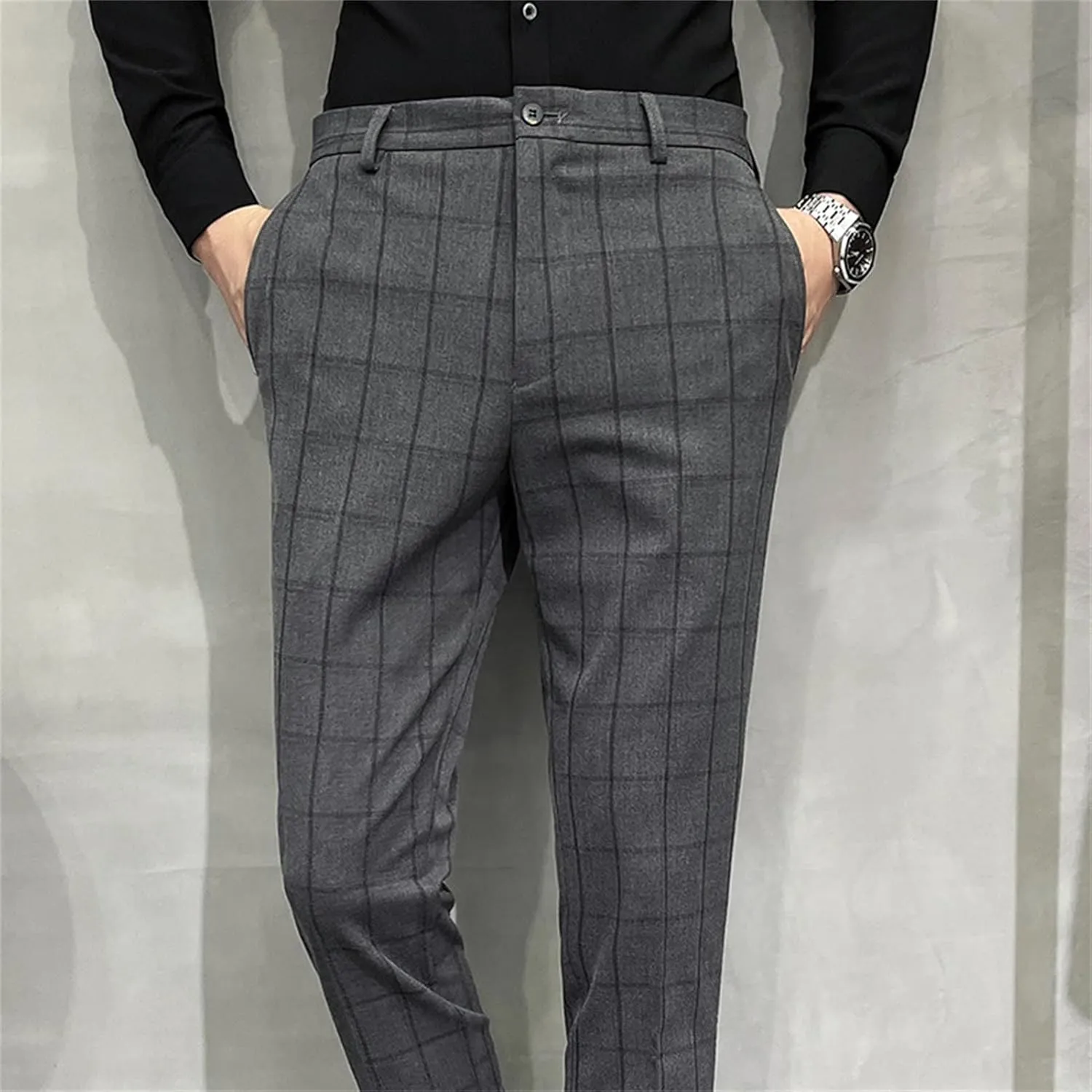 JEShifangjiusu Mens Front Flat Casual Dress Pants Slim Fit Stretch Fashion Plaid Pant Skinny Comfort Chinos Dress Pants