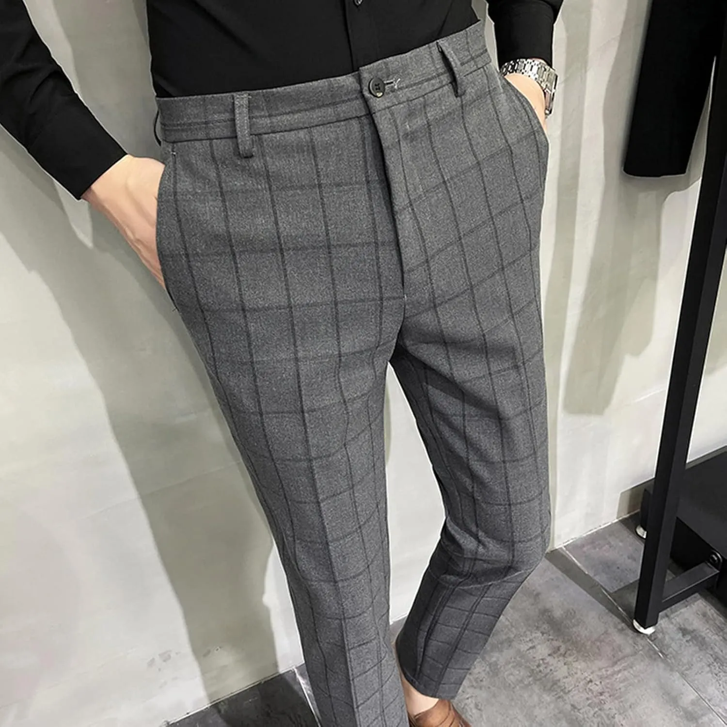 JEShifangjiusu Mens Front Flat Casual Dress Pants Slim Fit Stretch Fashion Plaid Pant Skinny Comfort Chinos Dress Pants