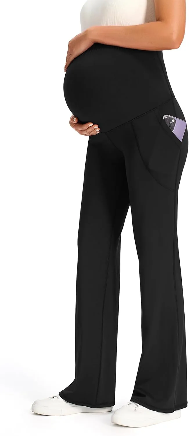 JOYSPELS Smooth Feeling Maternity Pants with Pockets Over The Belly Flare Maternity Leggings Pregnancy Yoga Pants