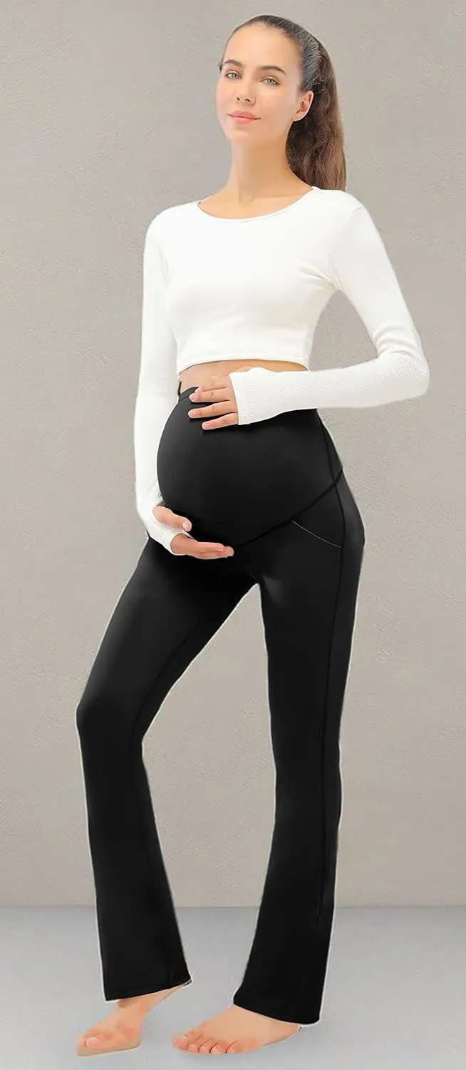 JOYSPELS Smooth Feeling Maternity Pants with Pockets Over The Belly Flare Maternity Leggings Pregnancy Yoga Pants