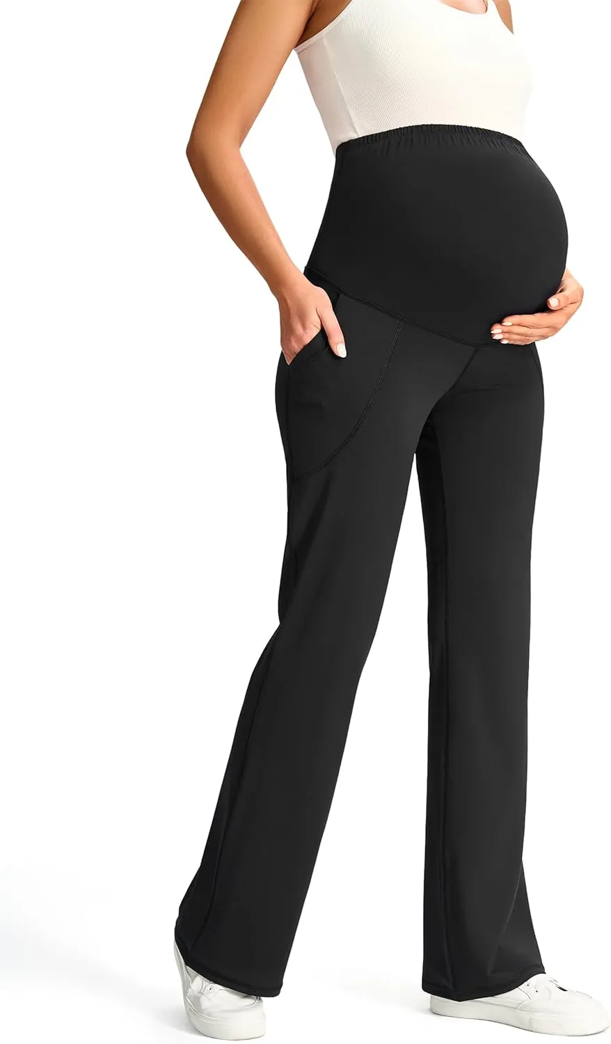 JOYSPELS Smooth Feeling Maternity Pants with Pockets Over The Belly Flare Maternity Leggings Pregnancy Yoga Pants