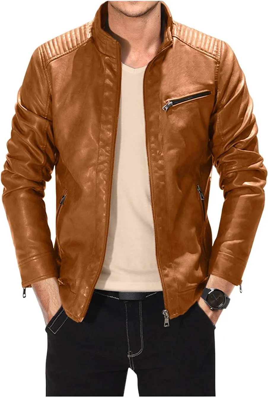Leather Jacket Men Black Slim Fit Motorcyle Lightweight