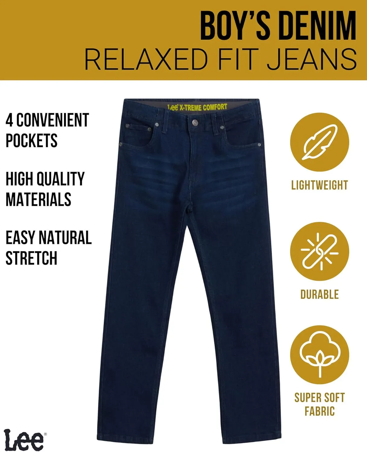 Lee Boys' Comfort Stretch Relaxed Fit Straight Leg Denim Jeans