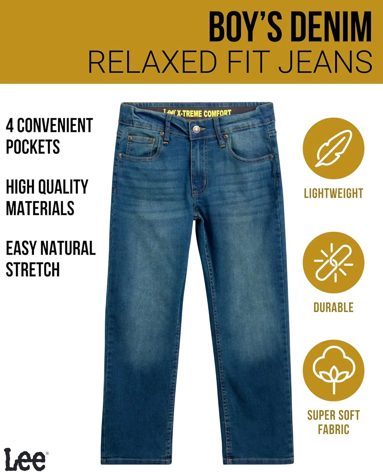 Lee Boys' Comfort Stretch Relaxed Fit Straight Leg Denim Jeans