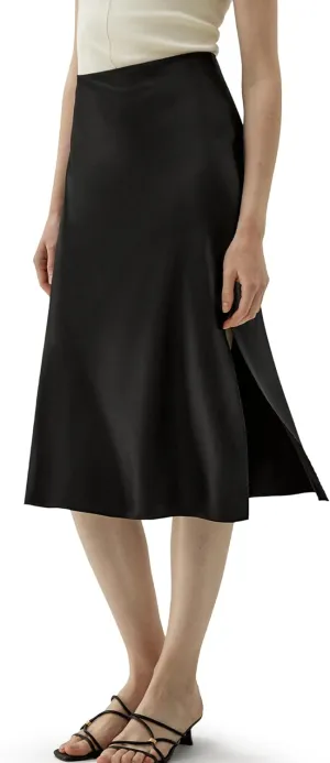 LilySilk Womens Silk Skirt with Slit 100% Smooth Midi Skirt for Spring Summer