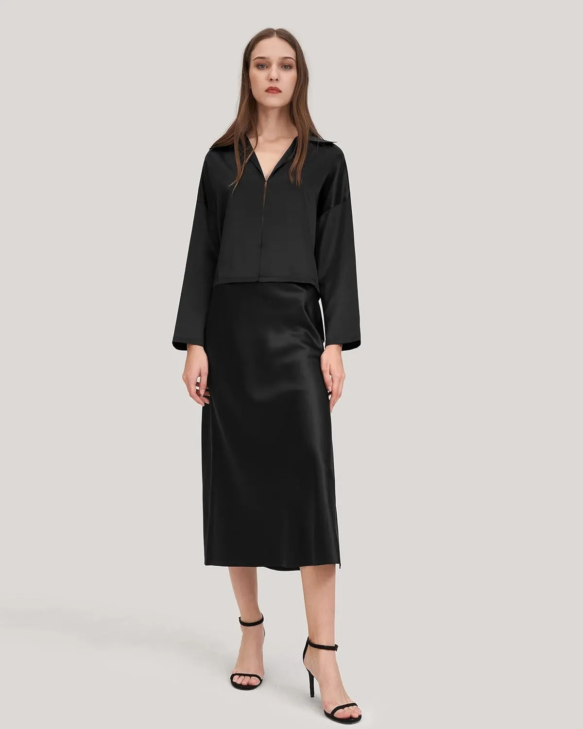 LilySilk Womens Silk Skirt with Slit 100% Smooth Midi Skirt for Spring Summer
