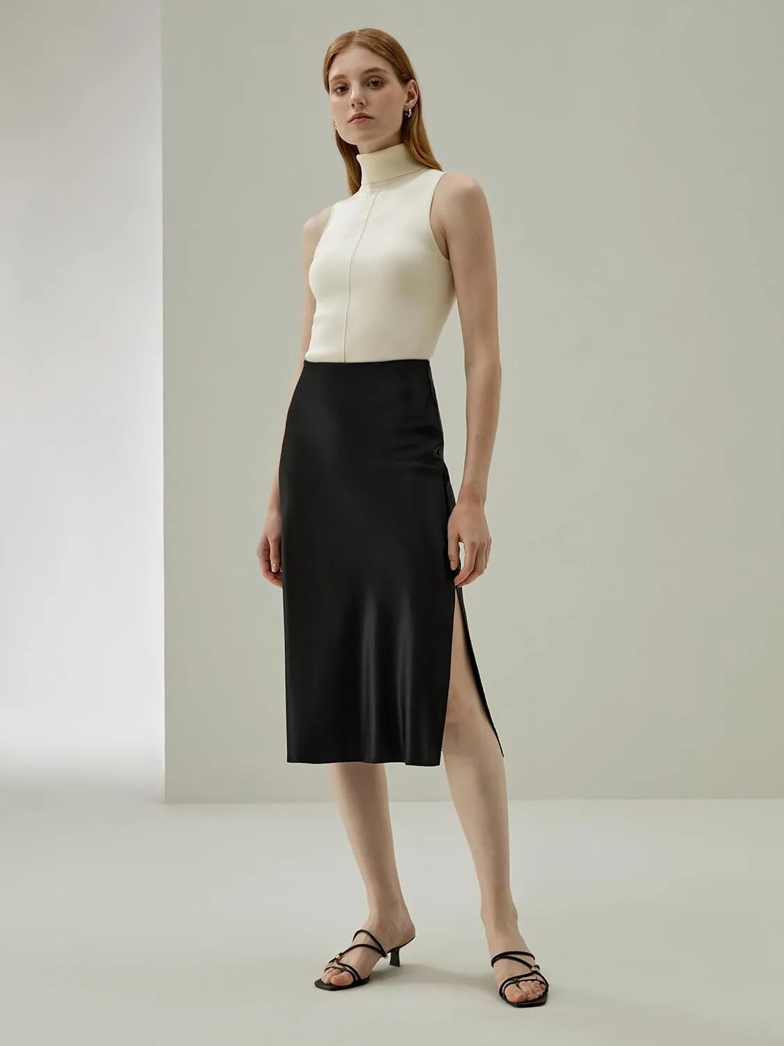 LilySilk Womens Silk Skirt with Slit 100% Smooth Midi Skirt for Spring Summer
