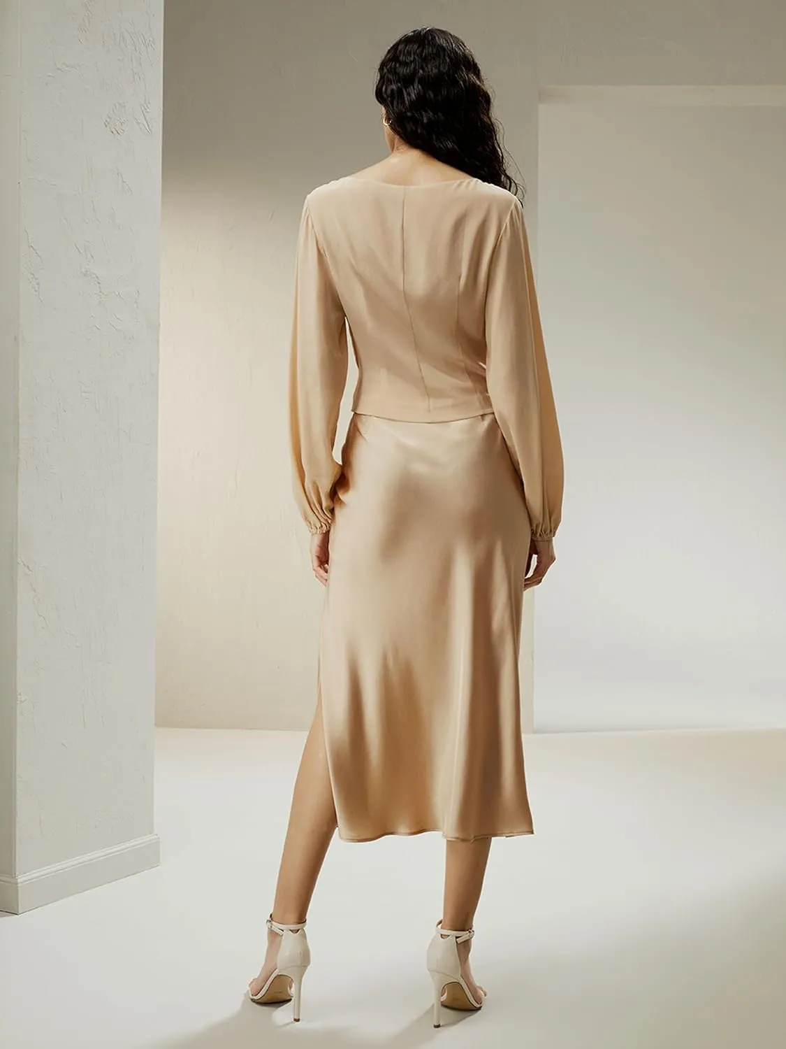 LilySilk Womens Silk Skirt with Slit 100% Smooth Midi Skirt for Spring Summer