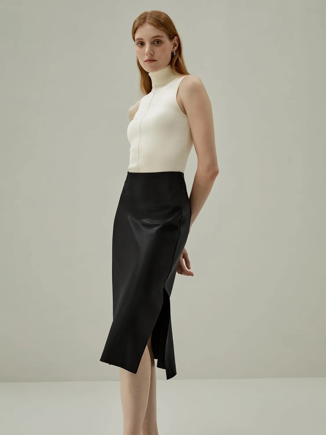 LilySilk Womens Silk Skirt with Slit 100% Smooth Midi Skirt for Spring Summer
