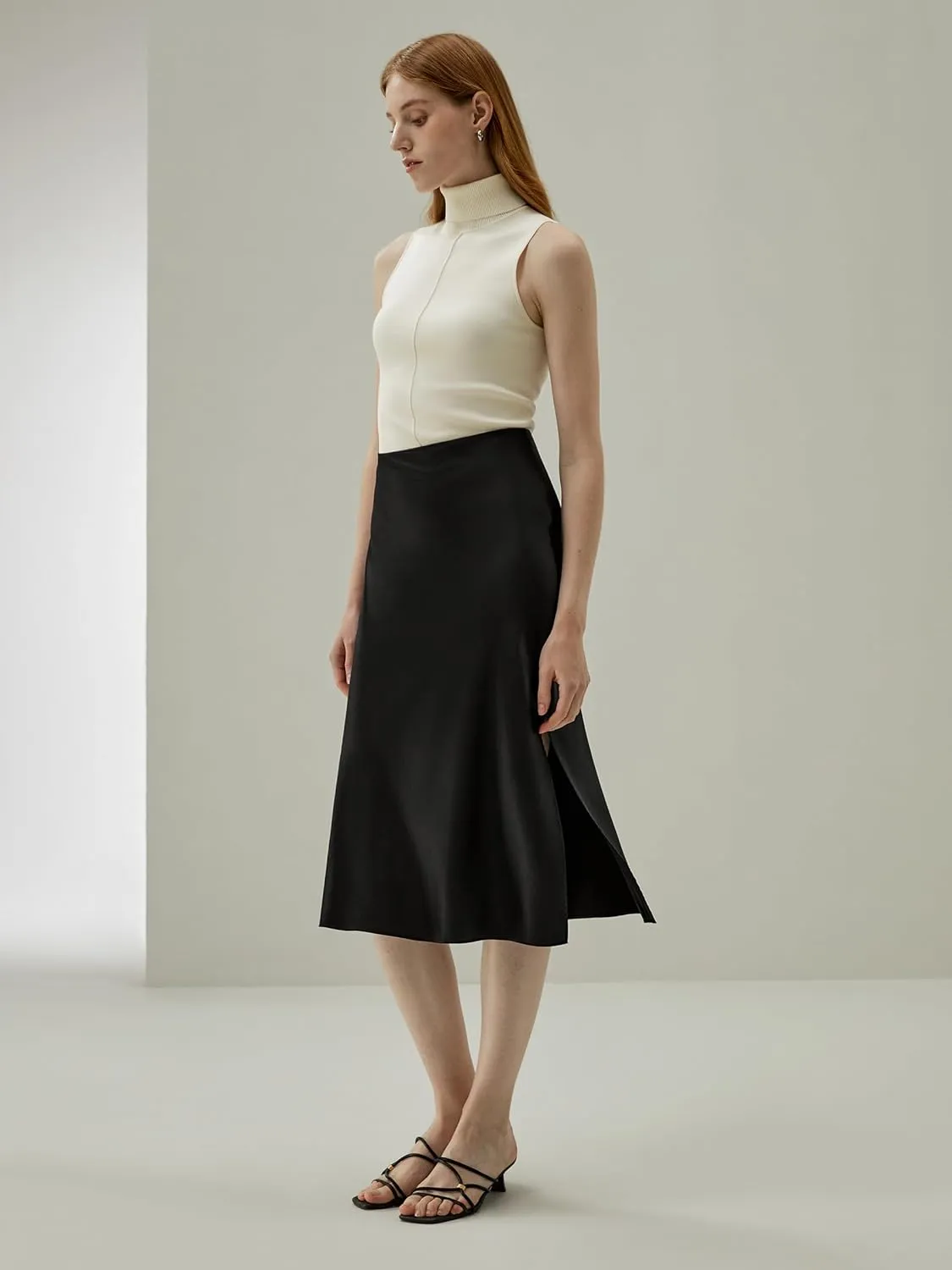 LilySilk Womens Silk Skirt with Slit 100% Smooth Midi Skirt for Spring Summer