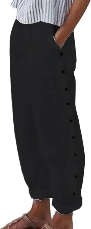 Linen Pants for Women Baggy Elastic Waist Casual Slacks Straight Leg Comfort Button Trousers with Pocket 2024