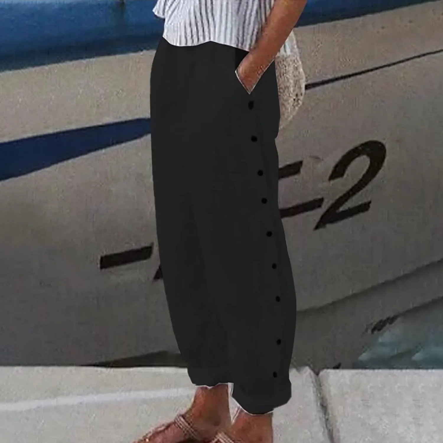 Linen Pants for Women Baggy Elastic Waist Casual Slacks Straight Leg Comfort Button Trousers with Pocket 2024