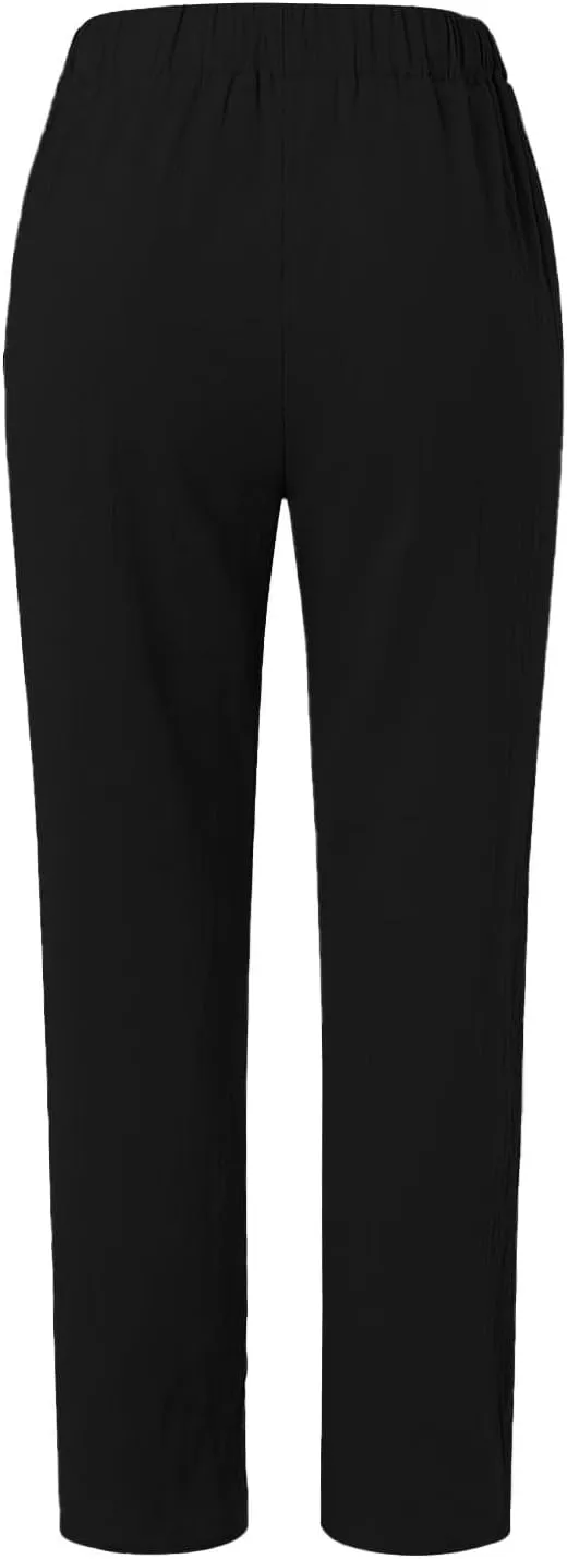 Linen Pants for Women Baggy Elastic Waist Casual Slacks Straight Leg Comfort Button Trousers with Pocket 2024
