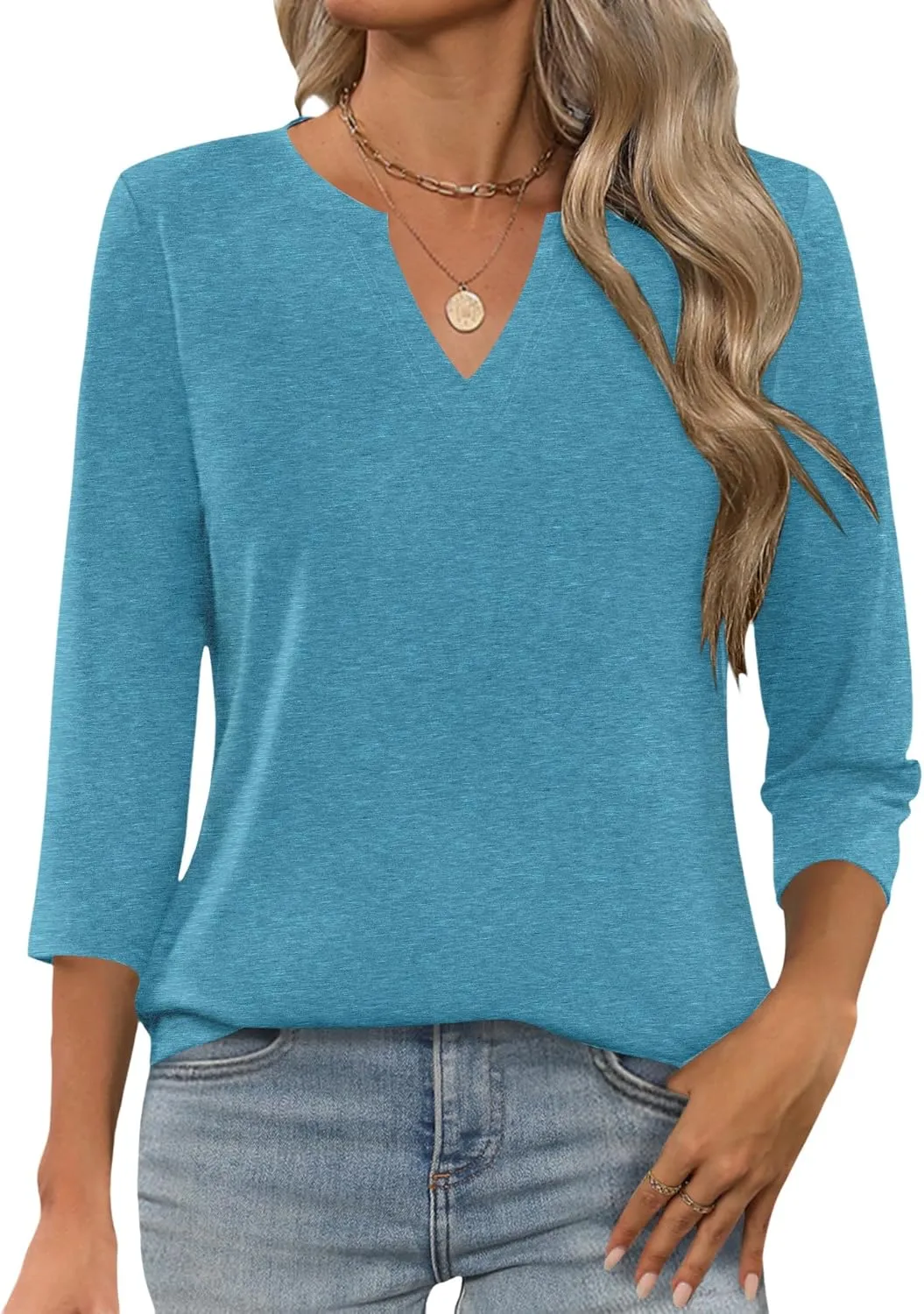 LOMON Womens 3/4 Length Sleeve Tops V Neck T Shirts Casual Basic Tees Work Blouse Spring Summer Shirts
