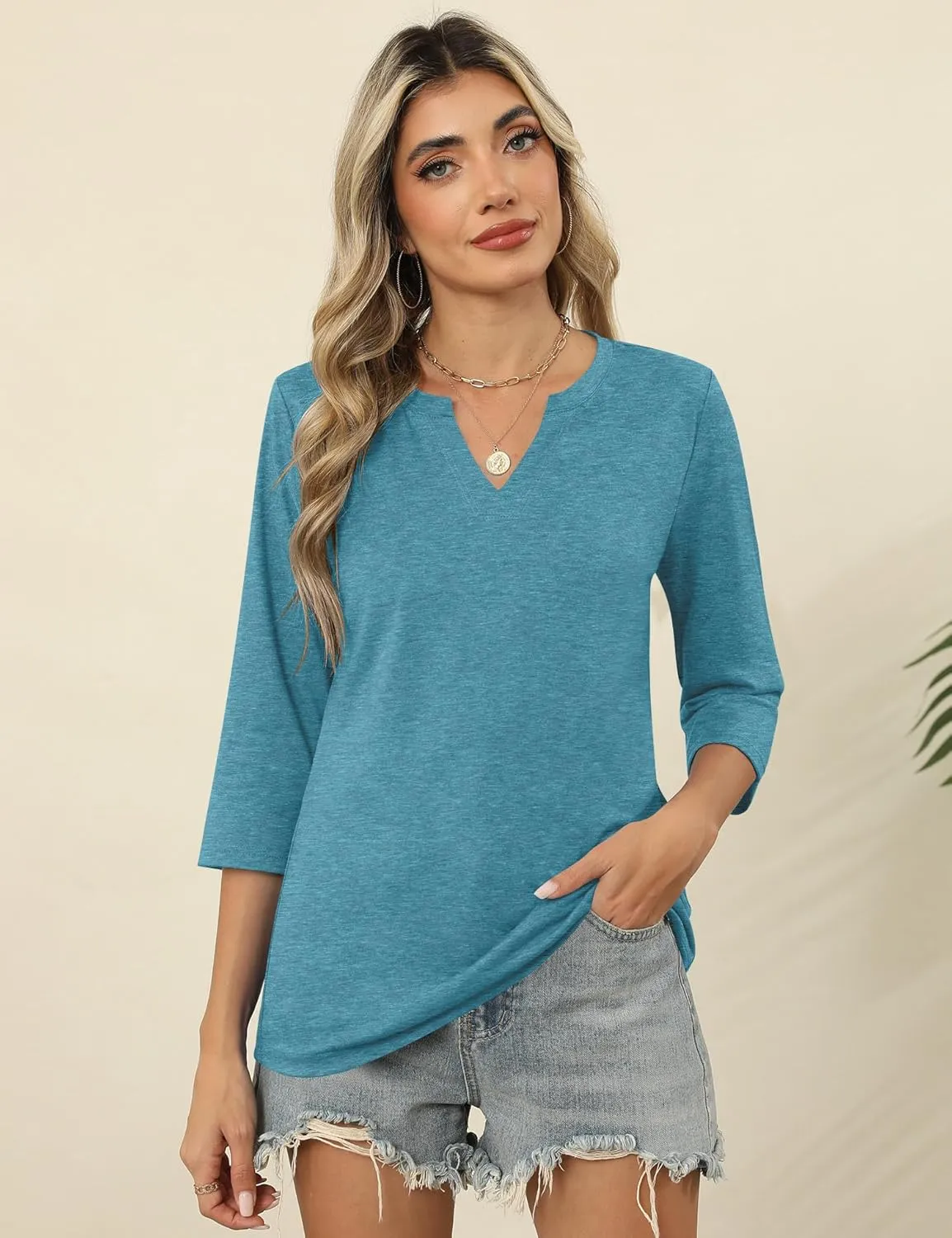 LOMON Womens 3/4 Length Sleeve Tops V Neck T Shirts Casual Basic Tees Work Blouse Spring Summer Shirts