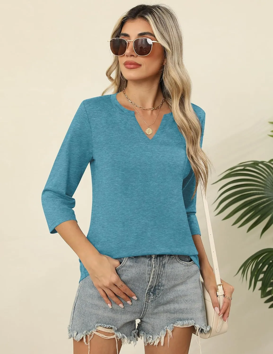 LOMON Womens 3/4 Length Sleeve Tops V Neck T Shirts Casual Basic Tees Work Blouse Spring Summer Shirts