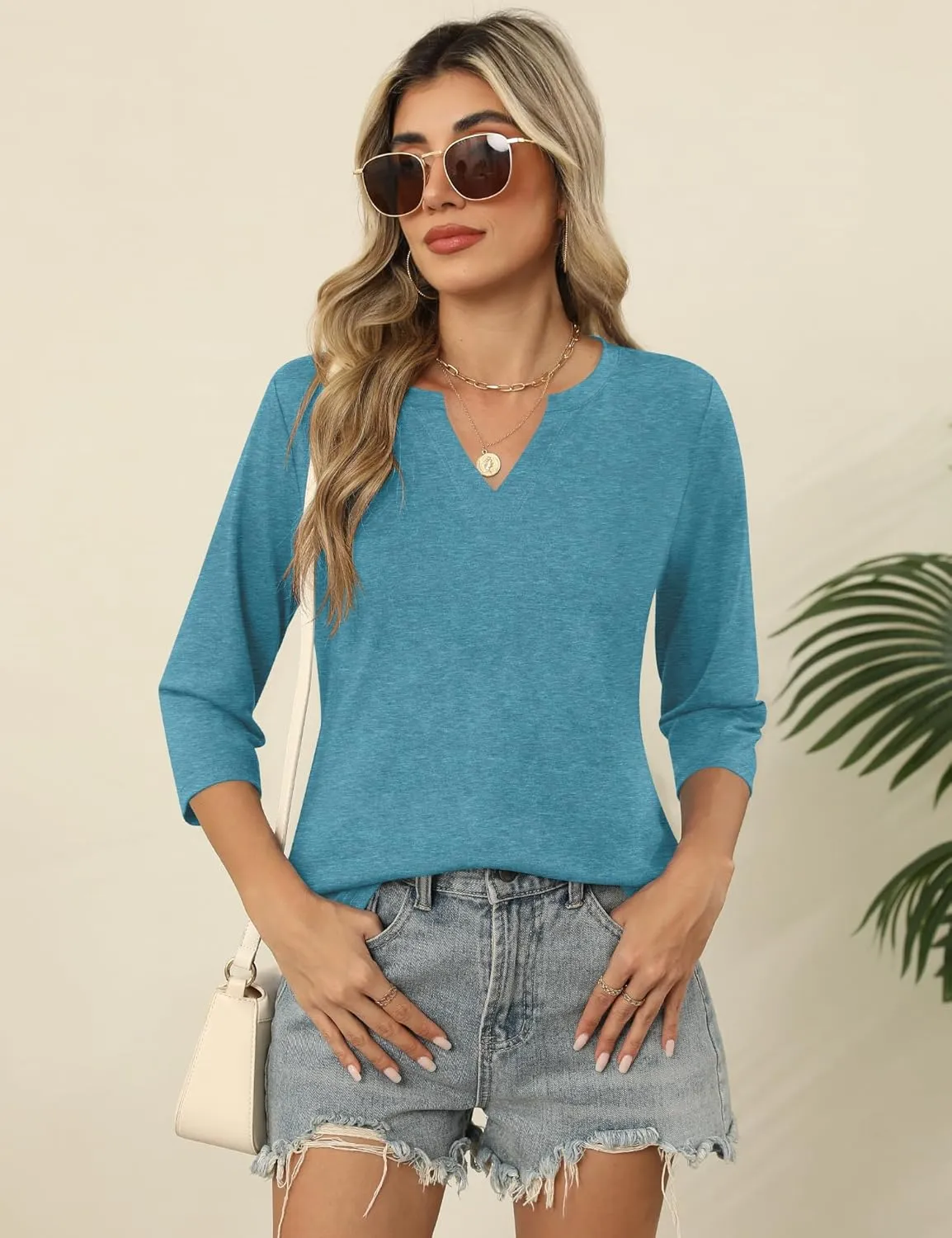LOMON Womens 3/4 Length Sleeve Tops V Neck T Shirts Casual Basic Tees Work Blouse Spring Summer Shirts