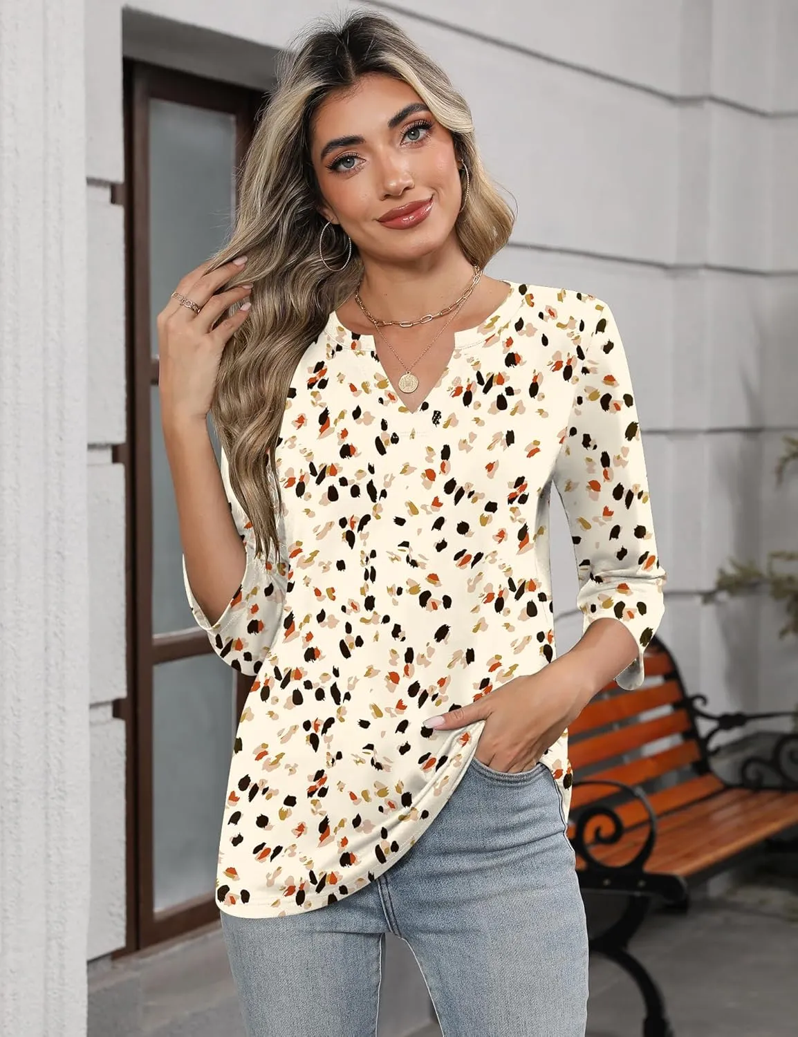 LOMON Womens 3/4 Length Sleeve Tops V Neck T Shirts Casual Basic Tees Work Blouse Spring Summer Shirts