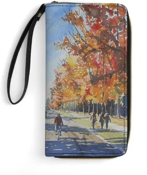 Long Straight Road Leather Wallet Smooth Zip Around Clutch Wristlet Travel Long Soft Purse for Women