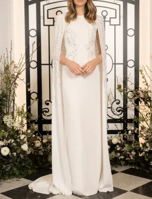 Luolandi Sheath / Column Evening Gown Elegant Dress Wedding Guest Wedding Party Floor Length Sleeveless Jewel Neck Capes Stretch Chiffon