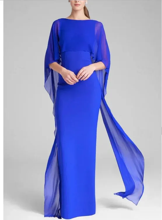 Luolandi Sheath / Column Evening Gown Wedding Guest Floor Length Short Sleeve Jewel Neck Capes Stretch Chiffon