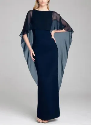 Luolandi Sheath / Column Evening Gown Wedding Guest Floor Length Short Sleeve Jewel Neck Capes Stretch Chiffon