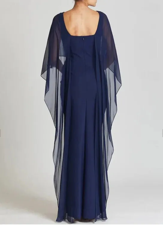 Luolandi Sheath / Column Evening Gown Wedding Guest Floor Length Short Sleeve Jewel Neck Capes Stretch Chiffon