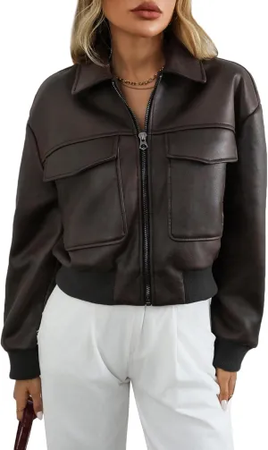 LY VAREY LIN Women Faux Leather Bomber Jacket Distressed Button Front Aviator Biker Coat