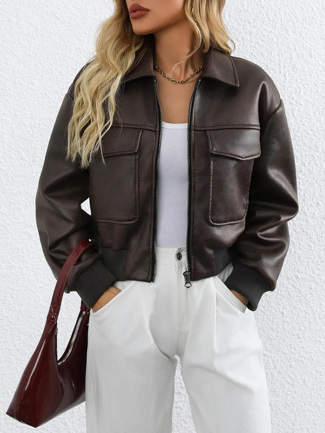 LY VAREY LIN Women Faux Leather Bomber Jacket Distressed Button Front Aviator Biker Coat