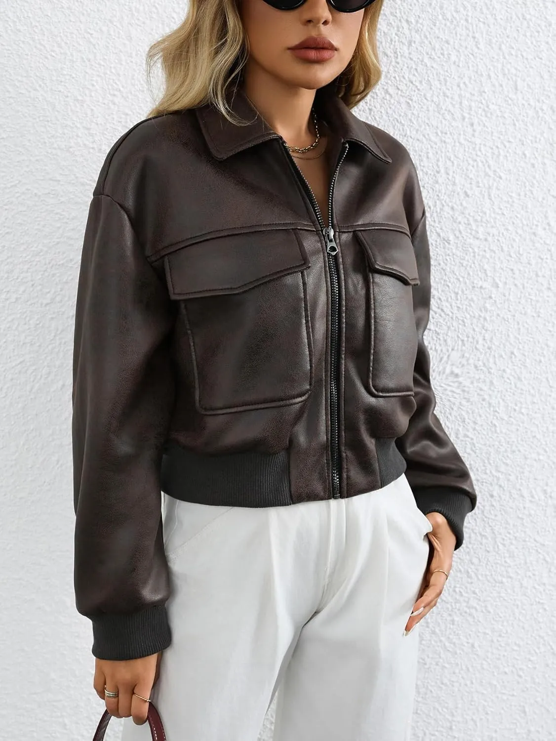 LY VAREY LIN Women Faux Leather Bomber Jacket Distressed Button Front Aviator Biker Coat
